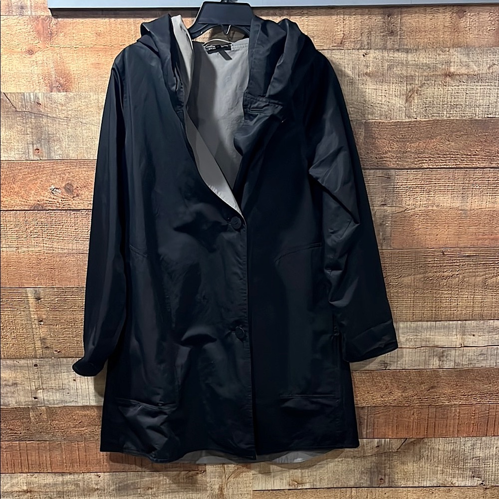 Eileen Fisher Black Hooded reversible trench Coat woman's XS